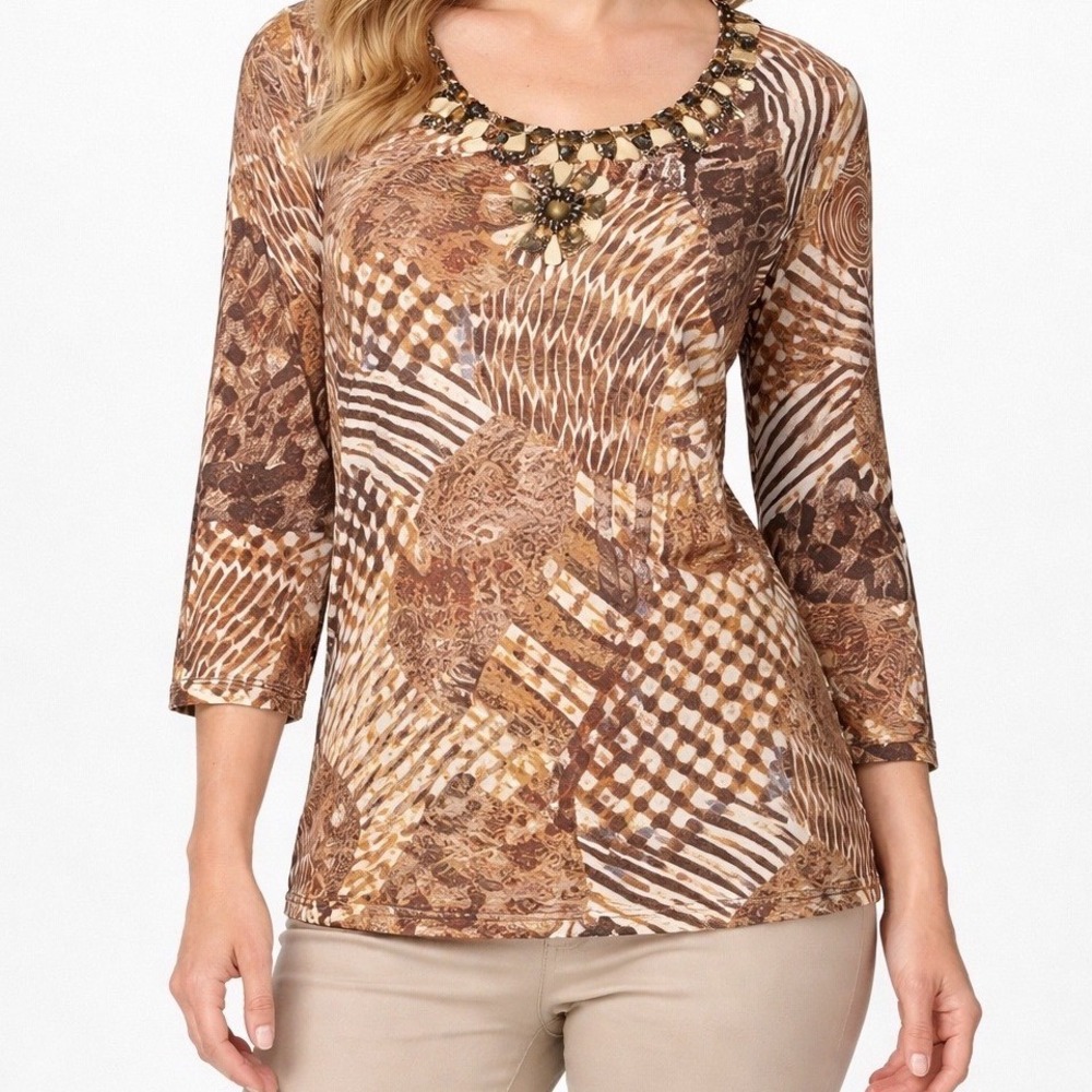 Ruby Red‎ Petite Large Brown Cream Beaded Neckline Top Cotton 3/4 Sleeve PL